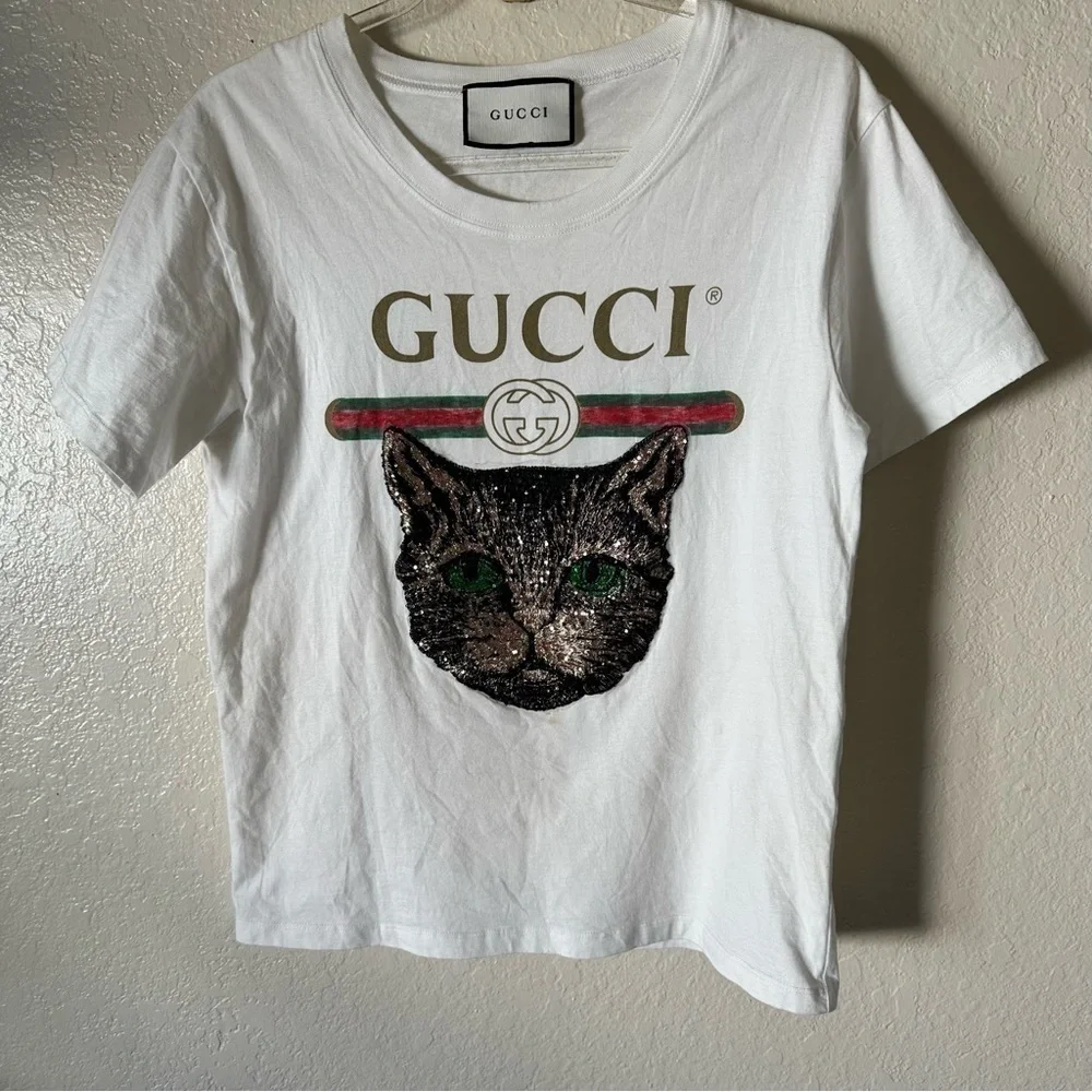 Authentic Gucci LOGO T-SHIRT WITH MYSTIC CAT IN WHITE size XS - Picture 4 of 10